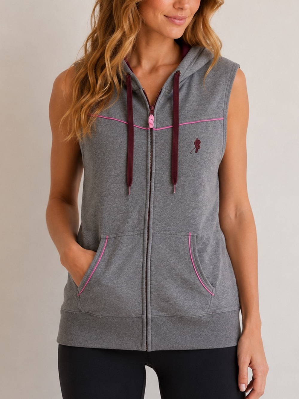 Gongshow Hockey Zip Up Hooded Vest Grey Pink Sleeveless Women’s Large